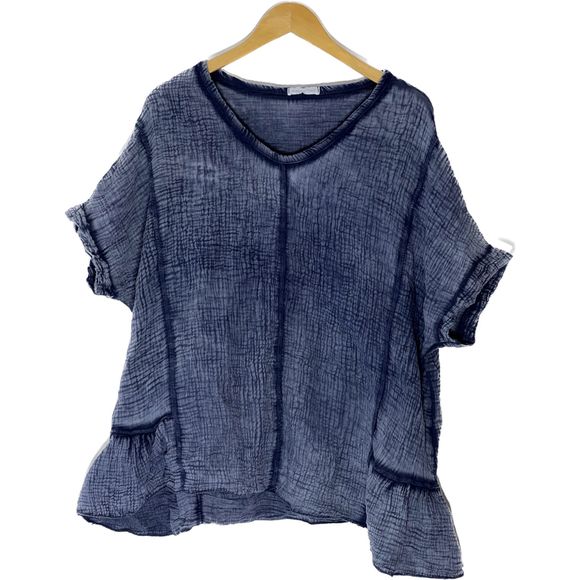 Navy V-Neck ruffle-hem top, Ornella Paris, 100% Cotton, XXL - Picture 5 of 7